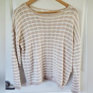 EUC Neuflora Cream and Tan Beige Striped Sweater Size Small Cotton